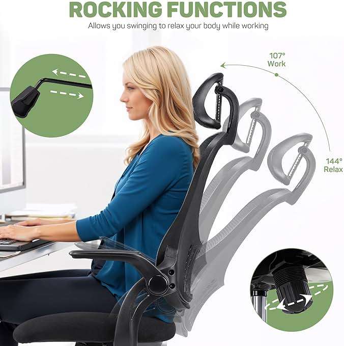 Ergonomic Office Chair, High-Back Computer Desk Mesh Swivel Task Chairs with Flip-up Armrest Adjustable Headrests, Comfortable Lumbar Support Rolling Wheels, for Home, Work, Study, Black - Image 5