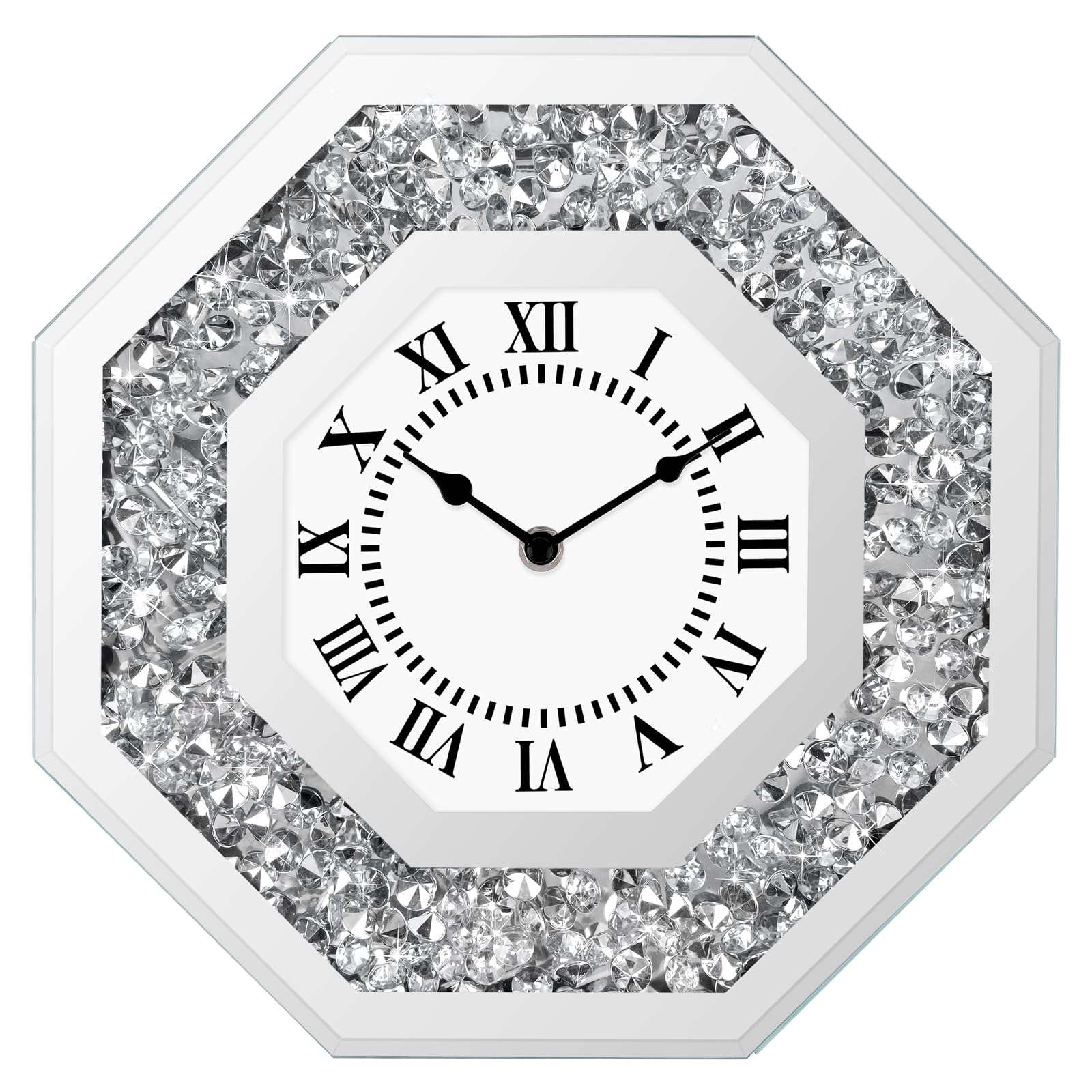 Couperos Diamond Mirrored Round Large Wall Clocks for Living Room Decor, Silver Crystal Sparkle Twinkle Bling Diamond Glass Wall Clock Decorative for Bedrooms Home Office (Octagon) - Image 1