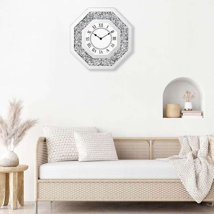 Couperos Diamond Mirrored Round Large Wall Clocks for Living Room Decor, Silver Crystal Sparkle Twinkle Bling Diamond Glass Wall Clock Decorative for Bedrooms Home Office (Octagon) - Image 2