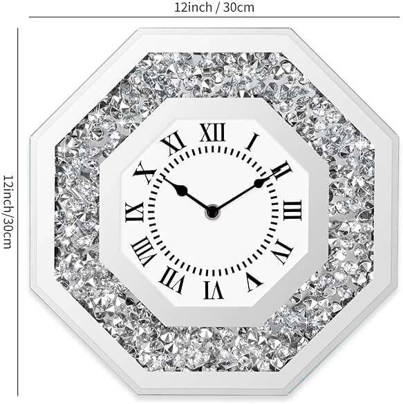 Couperos Diamond Mirrored Round Large Wall Clocks for Living Room Decor, Silver Crystal Sparkle Twinkle Bling Diamond Glass Wall Clock Decorative for Bedrooms Home Office (Octagon) - Image 3