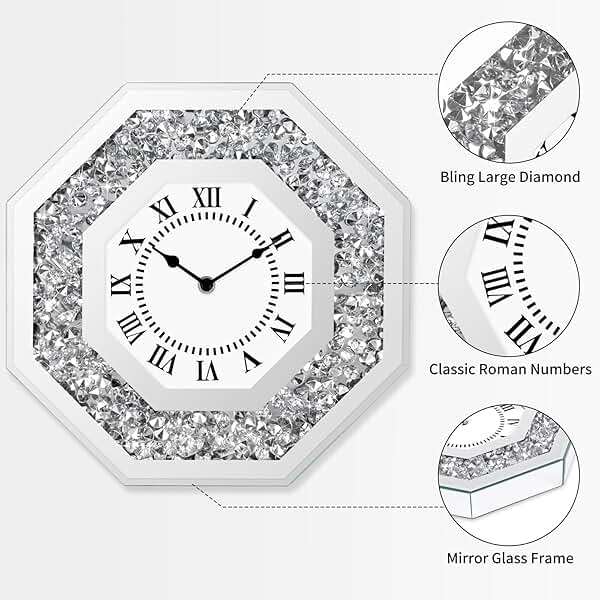 Couperos Diamond Mirrored Round Large Wall Clocks for Living Room Decor, Silver Crystal Sparkle Twinkle Bling Diamond Glass Wall Clock Decorative for Bedrooms Home Office (Octagon) - Image 4