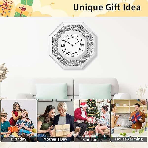 Couperos Diamond Mirrored Round Large Wall Clocks for Living Room Decor, Silver Crystal Sparkle Twinkle Bling Diamond Glass Wall Clock Decorative for Bedrooms Home Office (Octagon) - Image 5