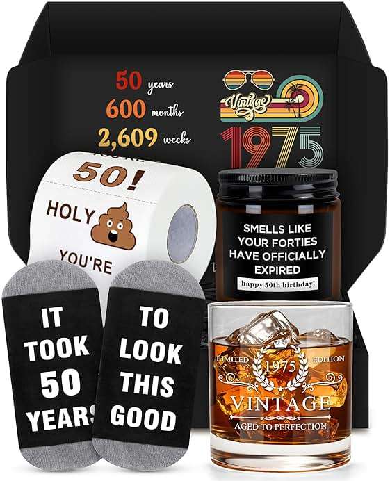 Pradnel 50th Birthday Gifts for Him Cool Gifts for 50 Year Old Man Happy 50th Birthday Decorations for Men Vintage 1976 Wine GlassToilet Paper Roll Novelty Socks Funny 50 Year Old Gift ideas for Mens - Image 1