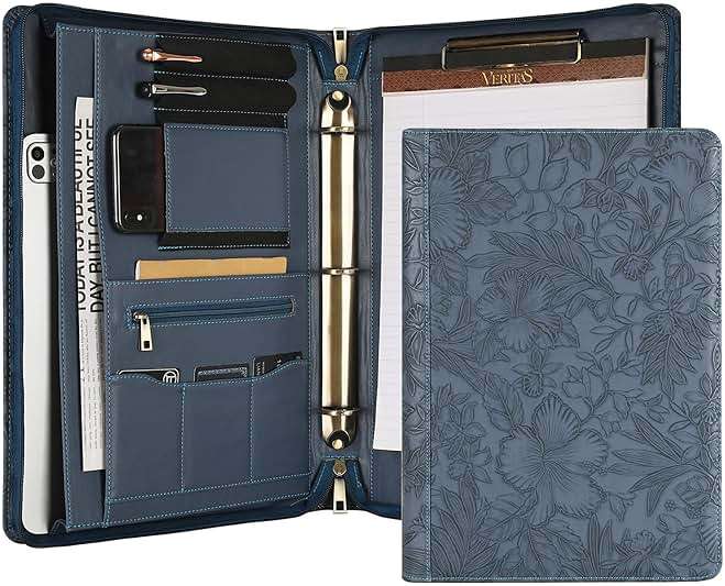 Handmade Leather Portfolio, Embossed Vegan Leather Padfolio Folio, Zipper Portfolio with A4 Letter Sized, Writing Pad Holder, Gifts for Women/Men, Blue - Image 1