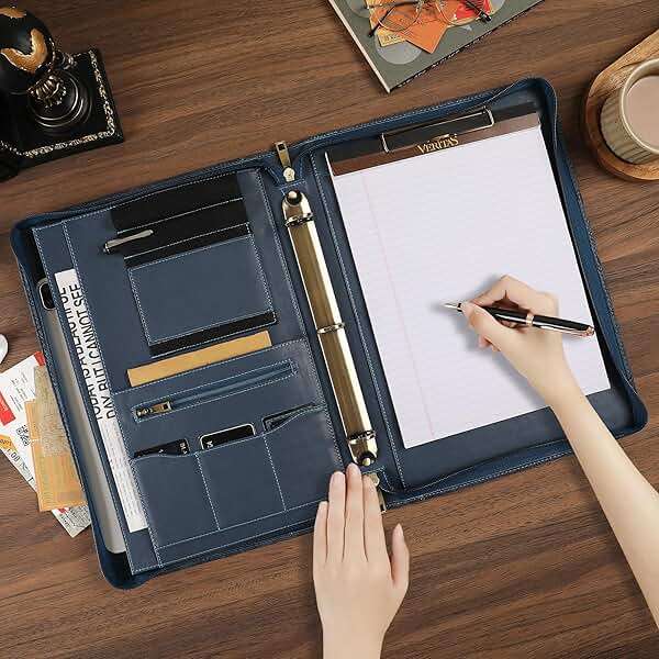 Handmade Leather Portfolio, Embossed Vegan Leather Padfolio Folio, Zipper Portfolio with A4 Letter Sized, Writing Pad Holder, Gifts for Women/Men, Blue - Image 2
