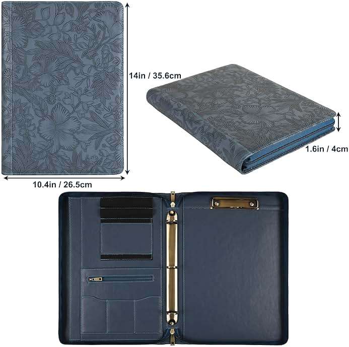 Handmade Leather Portfolio, Embossed Vegan Leather Padfolio Folio, Zipper Portfolio with A4 Letter Sized, Writing Pad Holder, Gifts for Women/Men, Blue - Image 3