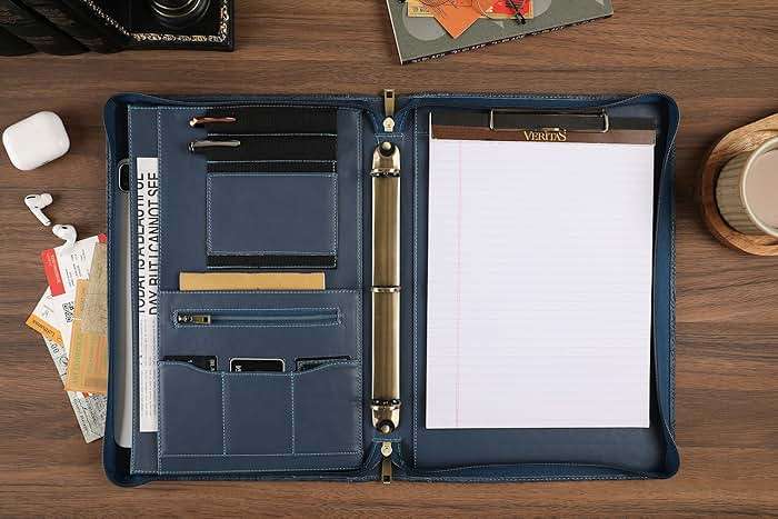 Handmade Leather Portfolio, Embossed Vegan Leather Padfolio Folio, Zipper Portfolio with A4 Letter Sized, Writing Pad Holder, Gifts for Women/Men, Blue - Image 5