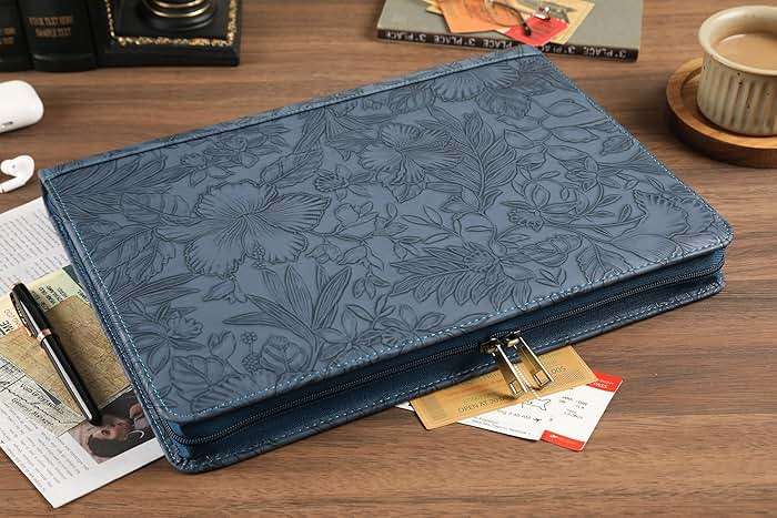 Handmade Leather Portfolio, Embossed Vegan Leather Padfolio Folio, Zipper Portfolio with A4 Letter Sized, Writing Pad Holder, Gifts for Women/Men, Blue - Image 6
