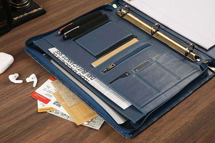 Handmade Leather Portfolio, Embossed Vegan Leather Padfolio Folio, Zipper Portfolio with A4 Letter Sized, Writing Pad Holder, Gifts for Women/Men, Blue - Image 7