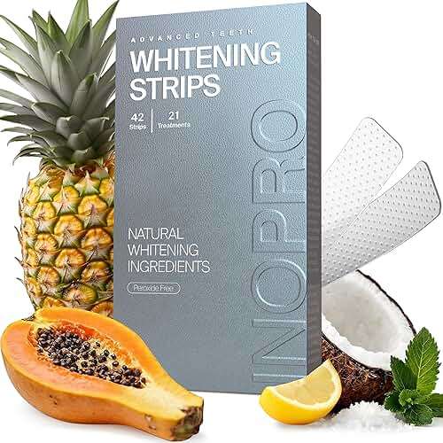 InoPro Natural Teeth Whitening Strips Kit 21 Treatments - Sensitive Teeth Whitener, Peroxide Free with Papain, Bromelain, Coconut Oil, White Strips for Teeth Whitening (42 Strips) - Image 1