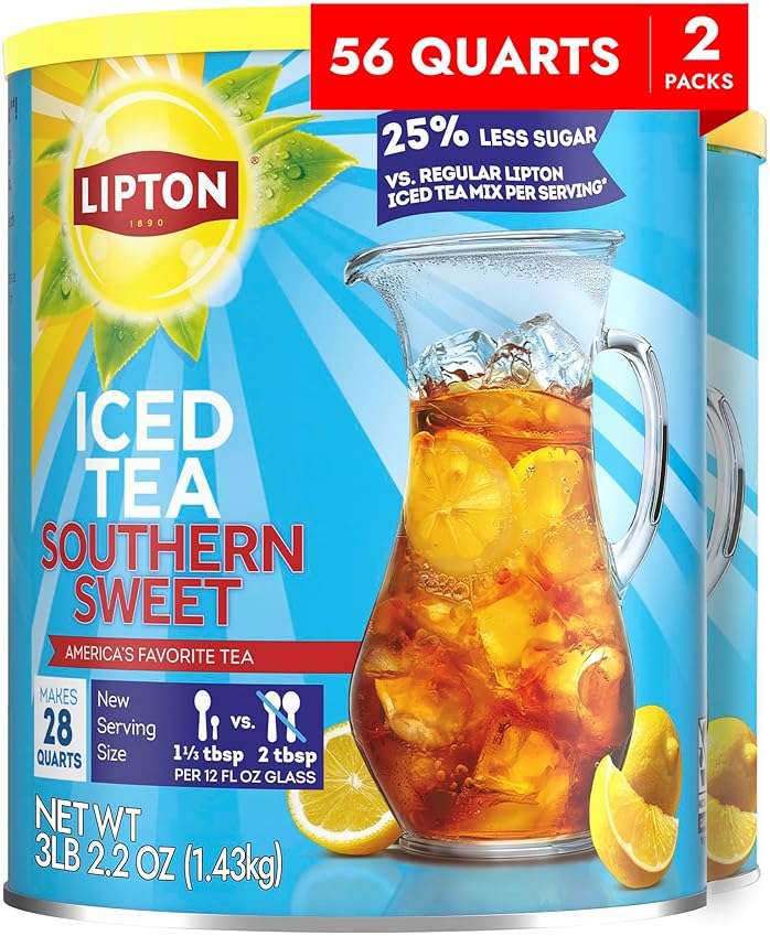 Lipton Southern Sweet Reduced Sugar Iced Tea Mix 28 Quart 2-Pack - Instant Tea Powder with Black Tea and Lemon Flavor, 25% Less Sugar per Serving, Kosher Certified OU - Image 1