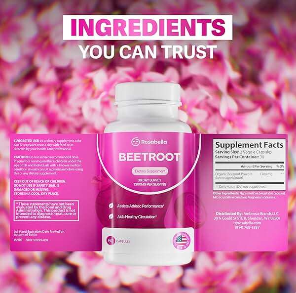 Rosabella Organic Beet Root Capsules - 1300mg Beet Root Powder Aids Healthy Circulation & Vitality, Non-GMO, Beet Root Supplement - 60 Capsules, 30-Day Supply - Image 2