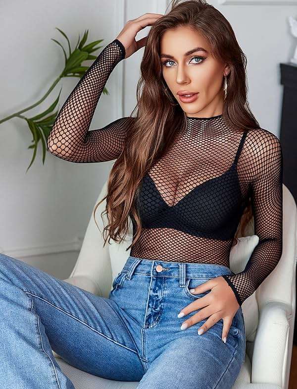 Avidlove Women's Sexy Fishnet Mesh Long Sleeve Tops Mock Neck Sheer Lace See-Through Blouse Bodycon Clubwear Party Tops - Image 4