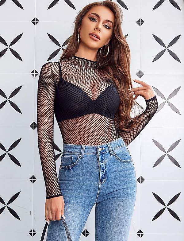Avidlove Women's Sexy Fishnet Mesh Long Sleeve Tops Mock Neck Sheer Lace See-Through Blouse Bodycon Clubwear Party Tops - Image 5