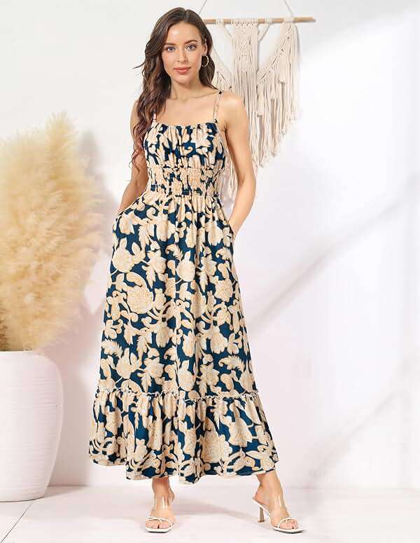 GRACE KARIN Summer Dresses for Women 2026 Vacation,Smocked Floral Maxi Dress,Boho Beach Sundress with Pocket Fashion Clothing - Image 2