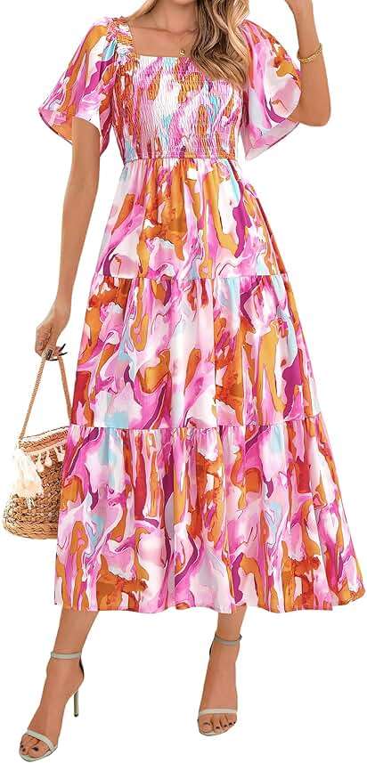 BTFBM Women's Clothing Wedding Guest Dresses Casual Boho Floral Short Sleeve Smocked Maxi Beach Spring Summer Dress 2026 - Image 1