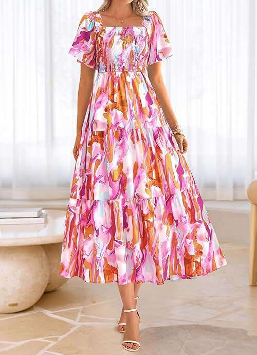 BTFBM Women's Clothing Wedding Guest Dresses Casual Boho Floral Short Sleeve Smocked Maxi Beach Spring Summer Dress 2026 - Image 2