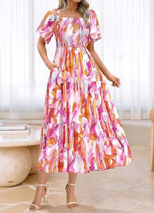 BTFBM Women's Clothing Wedding Guest Dresses Casual Boho Floral Short Sleeve Smocked Maxi Beach Spring Summer Dress 2026 - Image 3