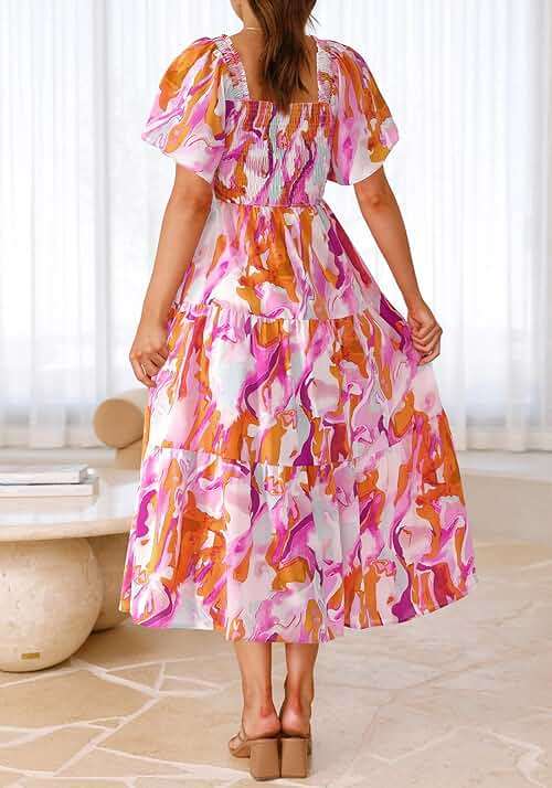 BTFBM Women's Clothing Wedding Guest Dresses Casual Boho Floral Short Sleeve Smocked Maxi Beach Spring Summer Dress 2026 - Image 4
