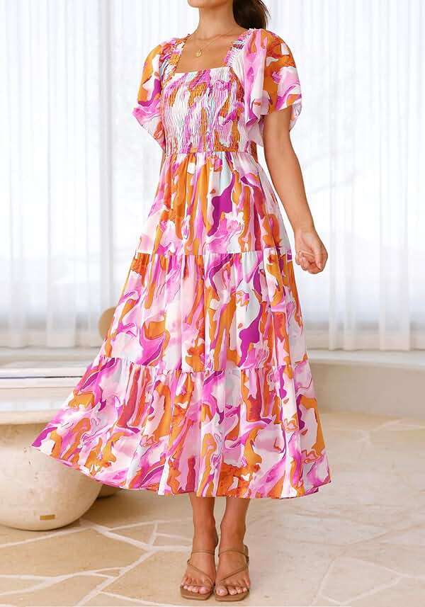BTFBM Women's Clothing Wedding Guest Dresses Casual Boho Floral Short Sleeve Smocked Maxi Beach Spring Summer Dress 2026 - Image 6