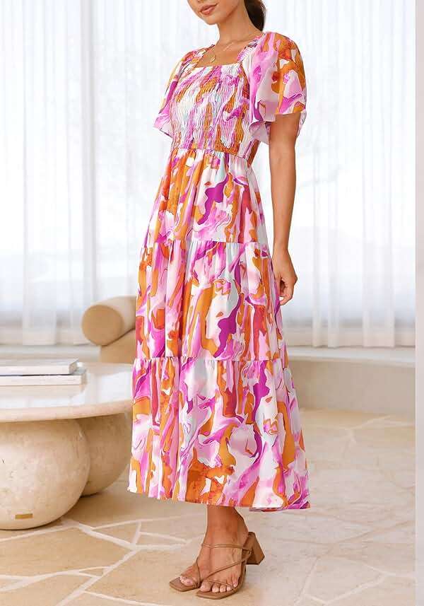 BTFBM Women's Clothing Wedding Guest Dresses Casual Boho Floral Short Sleeve Smocked Maxi Beach Spring Summer Dress 2026 - Image 7