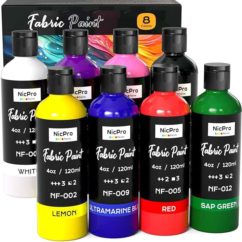 Nicpro 8 Colors Permanent Fabric Paint (4 oz, 120 ml) Soft Fabric Paint for Clothes, Non-Toxic Textile Paint for Fabric DIY Crafts, T-shirts, Shoes Jeans Bags Canvas for Adult with Color Wheel - Image 1