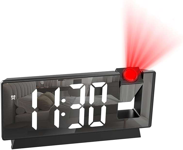 LOFICOPER Projection Alarm Clock, 7.8" Mirror Digital Clock with 180° Rotatable Projector, 4-Level Brightness, Snooze, 12/24H, USB Charging, Desk Clock for Home Bedroom Decor Office - Image 1