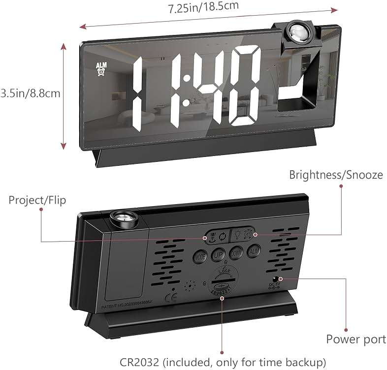 LOFICOPER Projection Alarm Clock, 7.8" Mirror Digital Clock with 180° Rotatable Projector, 4-Level Brightness, Snooze, 12/24H, USB Charging, Desk Clock for Home Bedroom Decor Office - Image 2