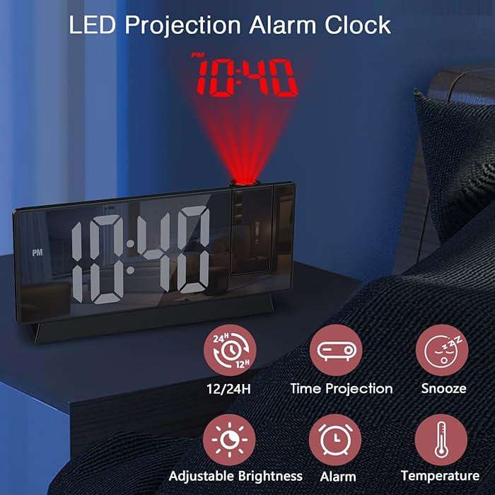 LOFICOPER Projection Alarm Clock, 7.8" Mirror Digital Clock with 180° Rotatable Projector, 4-Level Brightness, Snooze, 12/24H, USB Charging, Desk Clock for Home Bedroom Decor Office - Image 3