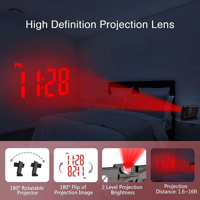 LOFICOPER Projection Alarm Clock, 7.8" Mirror Digital Clock with 180° Rotatable Projector, 4-Level Brightness, Snooze, 12/24H, USB Charging, Desk Clock for Home Bedroom Decor Office - Image 4