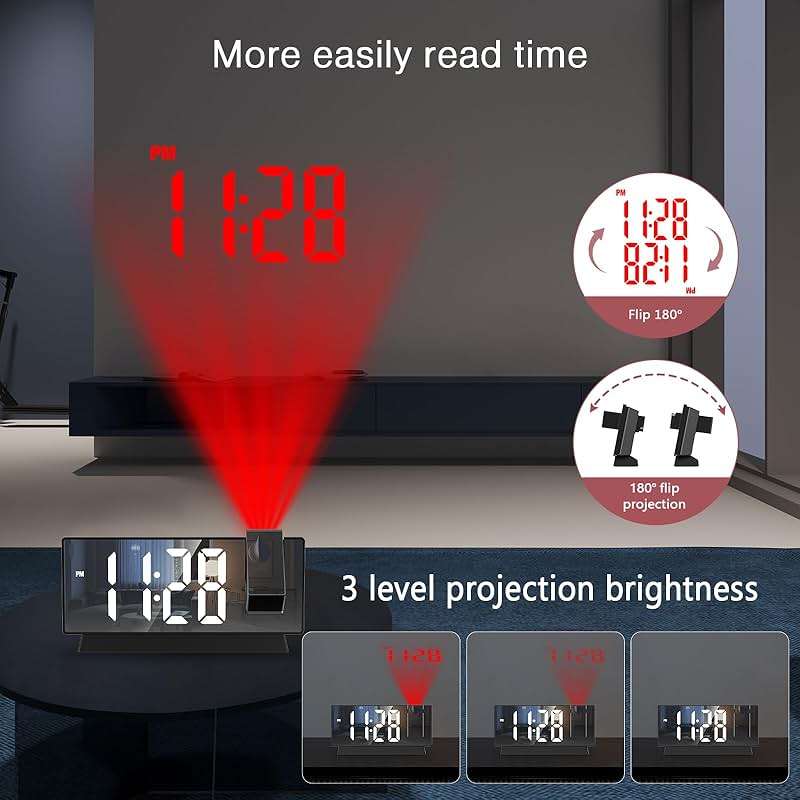 LOFICOPER Projection Alarm Clock, 7.8" Mirror Digital Clock with 180° Rotatable Projector, 4-Level Brightness, Snooze, 12/24H, USB Charging, Desk Clock for Home Bedroom Decor Office - Image 5