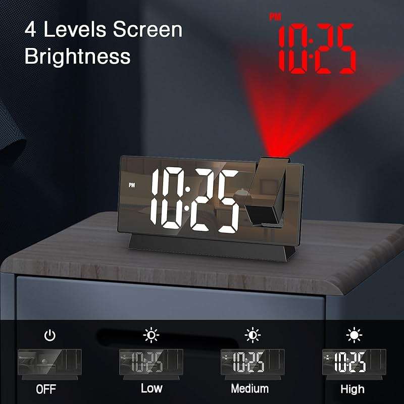 LOFICOPER Projection Alarm Clock, 7.8" Mirror Digital Clock with 180° Rotatable Projector, 4-Level Brightness, Snooze, 12/24H, USB Charging, Desk Clock for Home Bedroom Decor Office - Image 6
