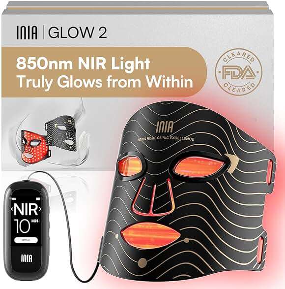 INIA Red Light Therapy Mask for Face – 4 Light Modes with 850nm NIR, Red & Blue LED Light Therapy, 2600mAh Rechargeable LED Face Mask for Radiant Glow at Home, Black - Image 1