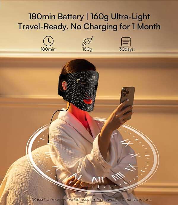 INIA Red Light Therapy Mask for Face – 4 Light Modes with 850nm NIR, Red & Blue LED Light Therapy, 2600mAh Rechargeable LED Face Mask for Radiant Glow at Home, Black - Image 9