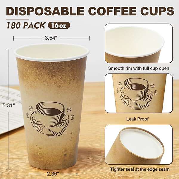 Clawsoff 180 Pack 16 oz Disposable Paper Coffee Cups, Hot/Cold Drinking Cups, coffee, Juice, Retro Design, Leak-Proof, Party, Picnic, Events, Travel, Offices, Shops - Image 3