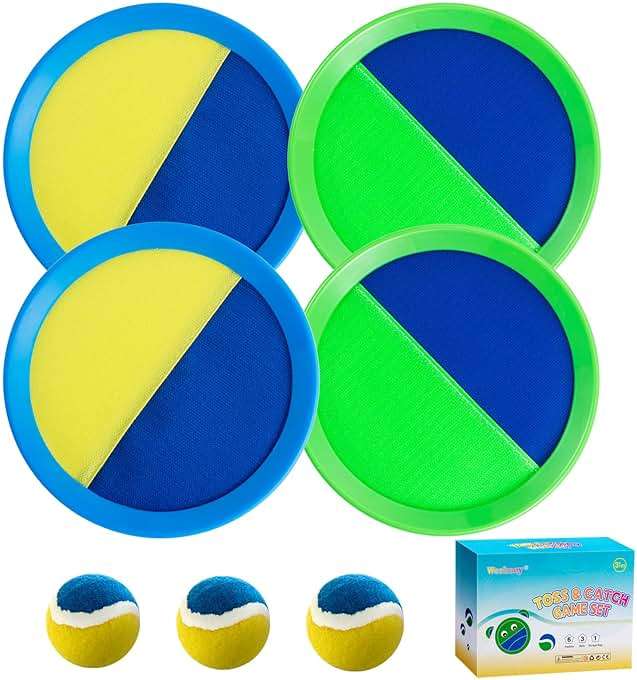 Weehoey Beach Toys - Outdoor Games for Kids, Toss and Catch Ball Set with 4 Paddles 3 Balls, Toys for 3 4 5 6 7 8+ Year Old Boys Girls Christmas Birthday Gifts (Blue and Green) - Image 1