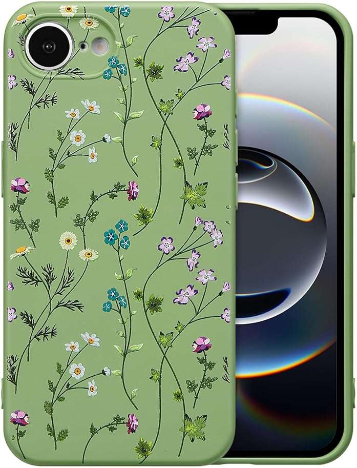 RALEAVO Floral Case for iPhone 16e/iPhone 17e,Liquid Silicone Cover with Cute Flower Branch Pattern for Girls Women Slim Soft Rubber Protective Phone Case for iPhone 16e/17e (6.1"),Green - Image 1