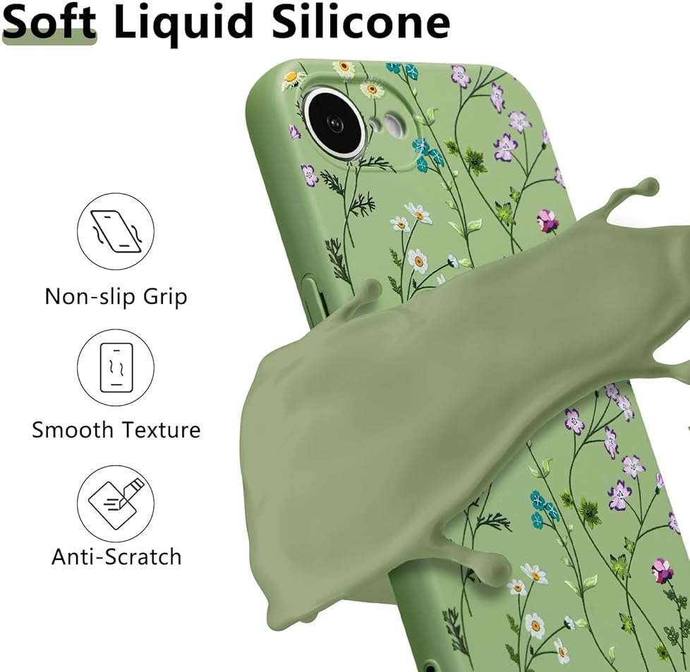 RALEAVO Floral Case for iPhone 16e/iPhone 17e,Liquid Silicone Cover with Cute Flower Branch Pattern for Girls Women Slim Soft Rubber Protective Phone Case for iPhone 16e/17e (6.1"),Green - Image 2