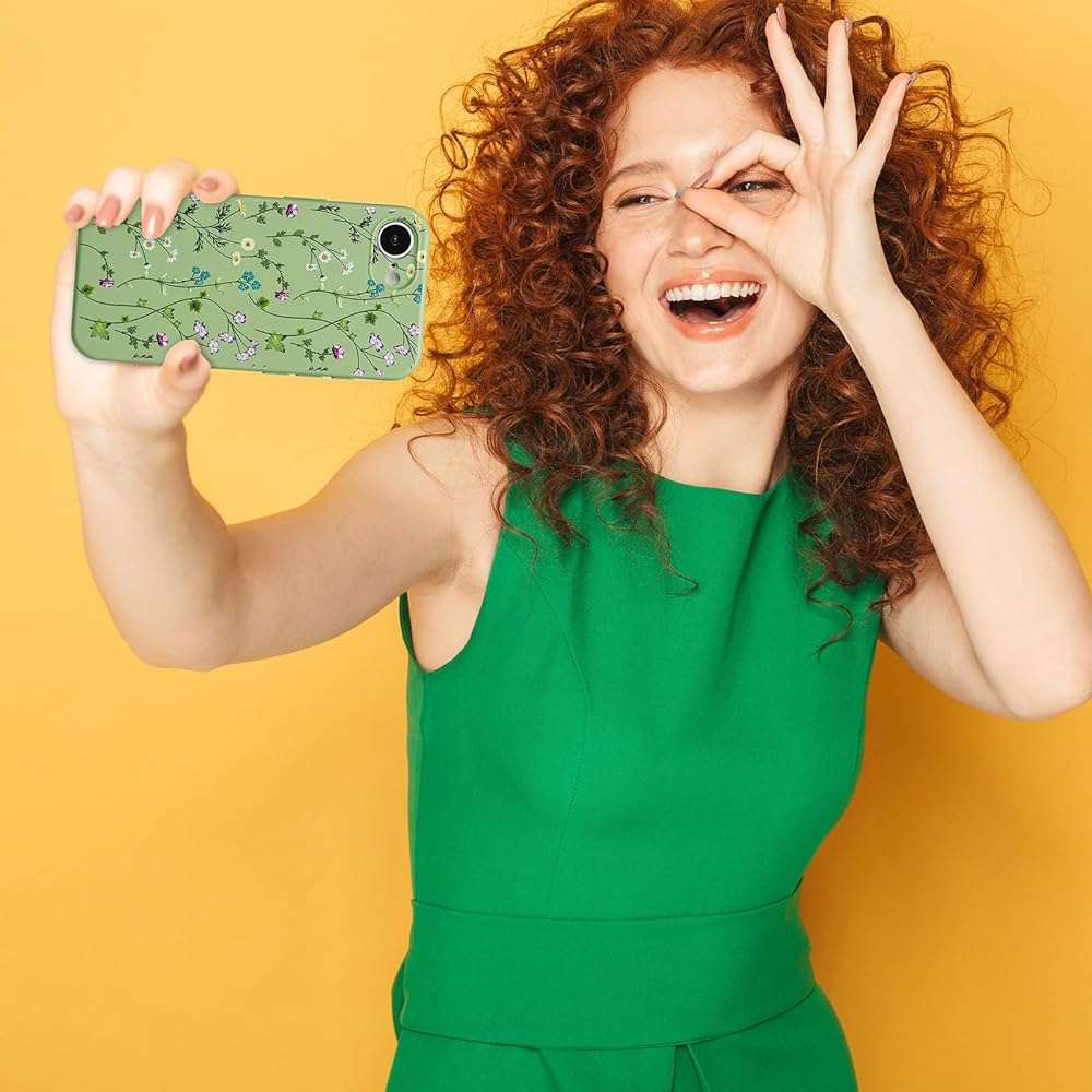 RALEAVO Floral Case for iPhone 16e/iPhone 17e,Liquid Silicone Cover with Cute Flower Branch Pattern for Girls Women Slim Soft Rubber Protective Phone Case for iPhone 16e/17e (6.1"),Green - Image 6