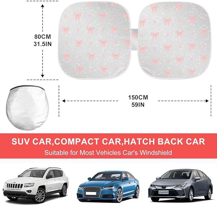 Pink Bow Print Car Windshield Sun Shade, Foldable Reflective UV Protection Sun Visor with Storage Pouch, Auto Interior Accessories for Sedan, SUV, Hatchback - Image 2