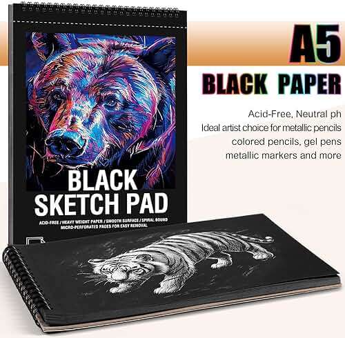30 Sheets Black Paper Sketchbook, 98lb/160gsm Heavyweight Black Sketch Pad 5.5×8.5in, Acid-Free Drawing Paper, Spiral Bound Sketch Book for Kids, Teens, Artist - Image 2