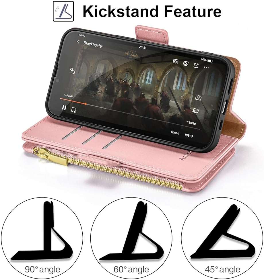 Antsturdy Compatible with iPhone 17e / 16e Wallet Case,RFID Blocking PU Leather Phone Case Women Men Kickstand flip Cover Wrist Strap Zipper Credit Card Holder Slots for Apple 17e / 16e,Pink - Image 6