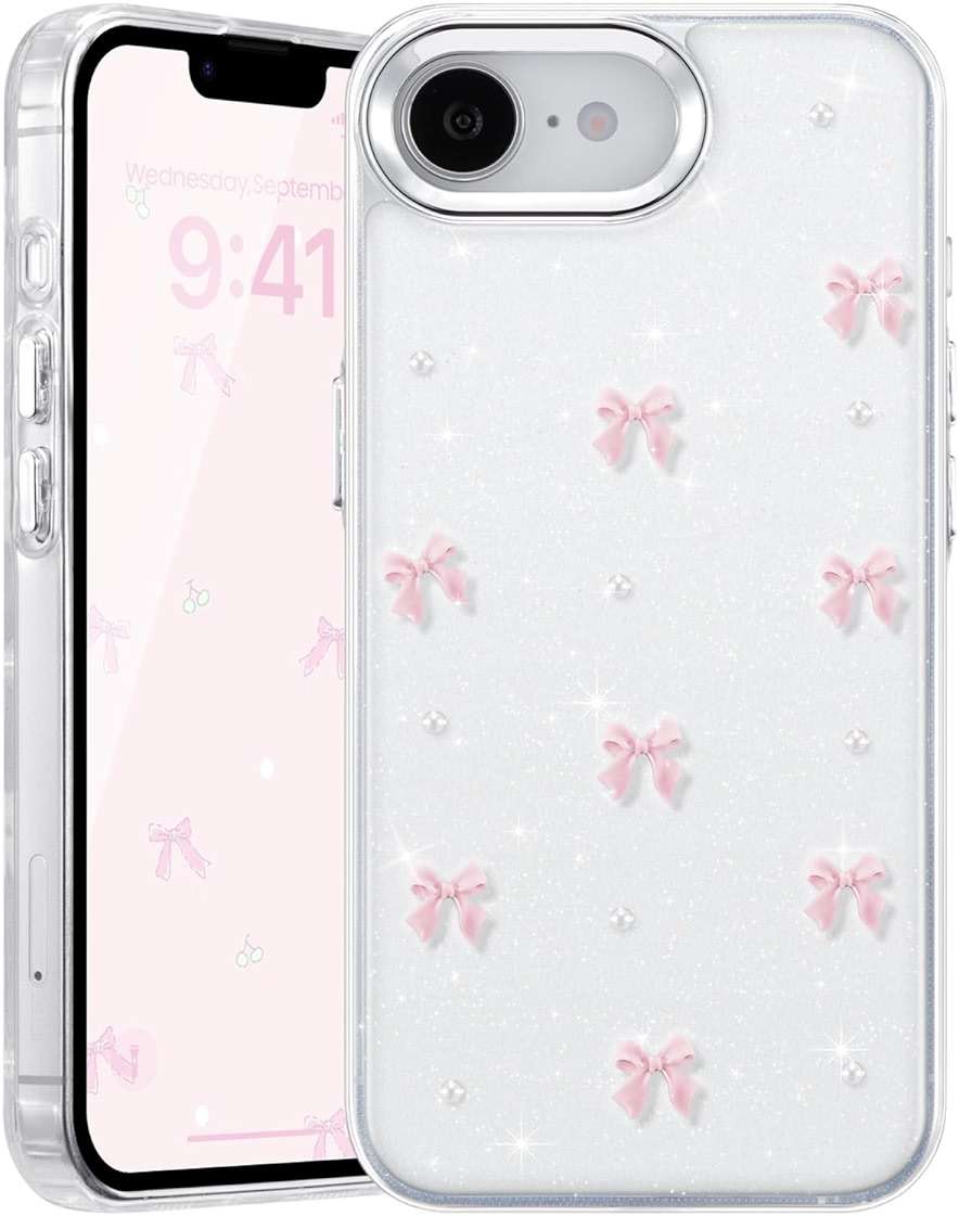 EYZUTAK Case for iPhone 17e/iPhone 16e, Bling Glitter 3D Bowknot Phone Case Cute Sparkly Crystal Clear Bow Aesthetic Design Cover Slim Soft Durable TPU Transparent Protective Cover for Women-Pink Bow - Image 1