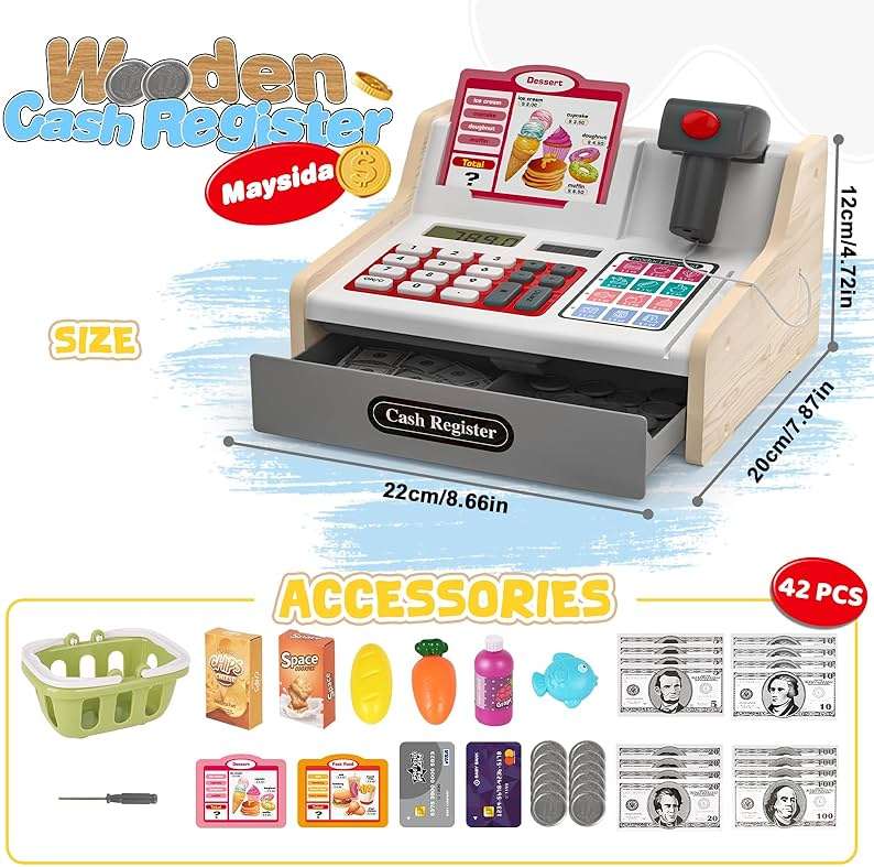 maysida Rechargeable Wooden Kids Cash Register with Scanner, Pretend Play Cash Register Toy with Fake Money, Food, Credit Card, Toddler Boys Girls Age 2-4 4-8 - Image 2