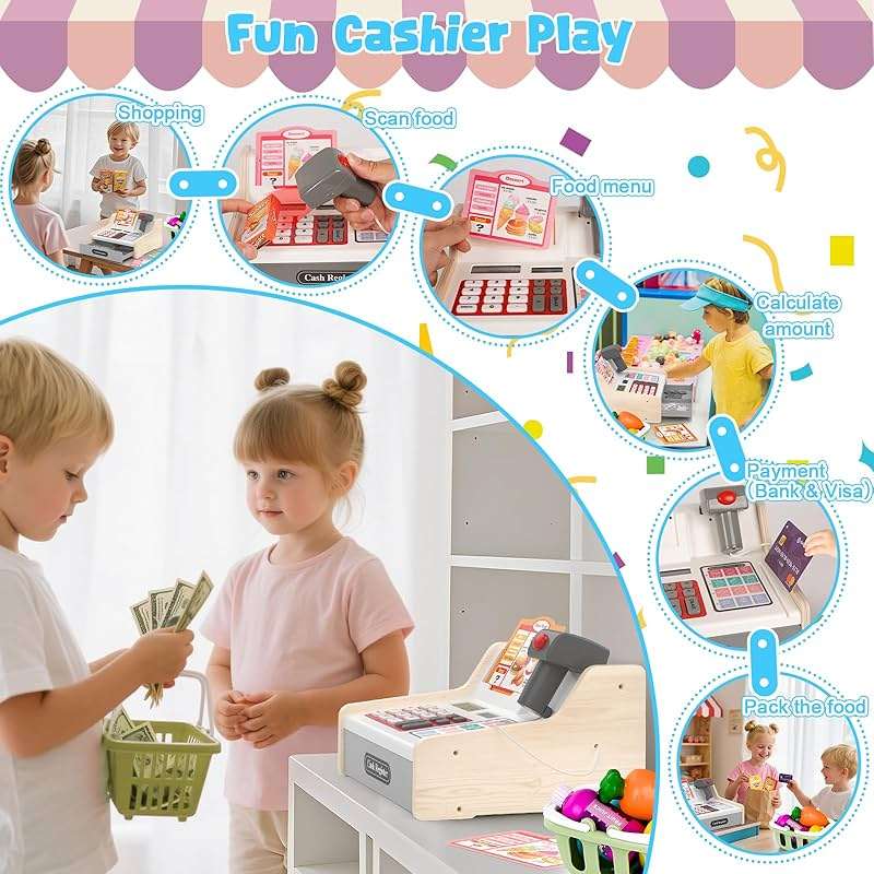 maysida Rechargeable Wooden Kids Cash Register with Scanner, Pretend Play Cash Register Toy with Fake Money, Food, Credit Card, Toddler Boys Girls Age 2-4 4-8 - Image 3