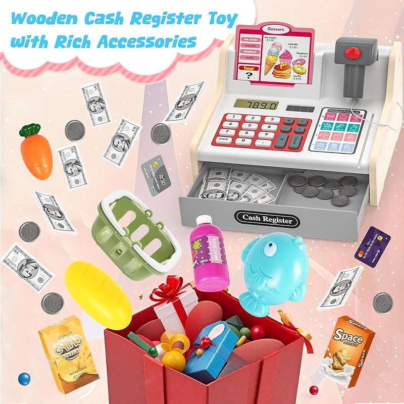 maysida Rechargeable Wooden Kids Cash Register with Scanner, Pretend Play Cash Register Toy with Fake Money, Food, Credit Card, Toddler Boys Girls Age 2-4 4-8 - Image 5