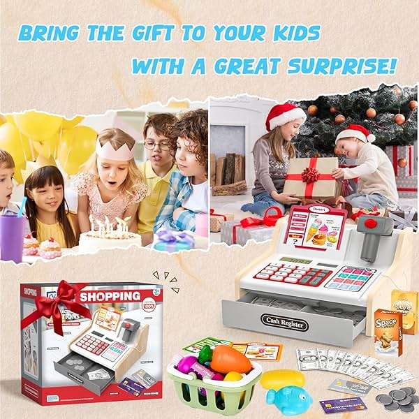 maysida Rechargeable Wooden Kids Cash Register with Scanner, Pretend Play Cash Register Toy with Fake Money, Food, Credit Card, Toddler Boys Girls Age 2-4 4-8 - Image 7