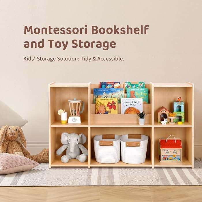 OOOK Montessori Bookshelf and Toy Storage Organizer, 2-Tier Horizontal Bookshelf, 5-Compartment Toy Storage Cabinet with Book Rack, Ideal Choice for Kids Classroom Organizer, Playroom and Daycare - Image 3