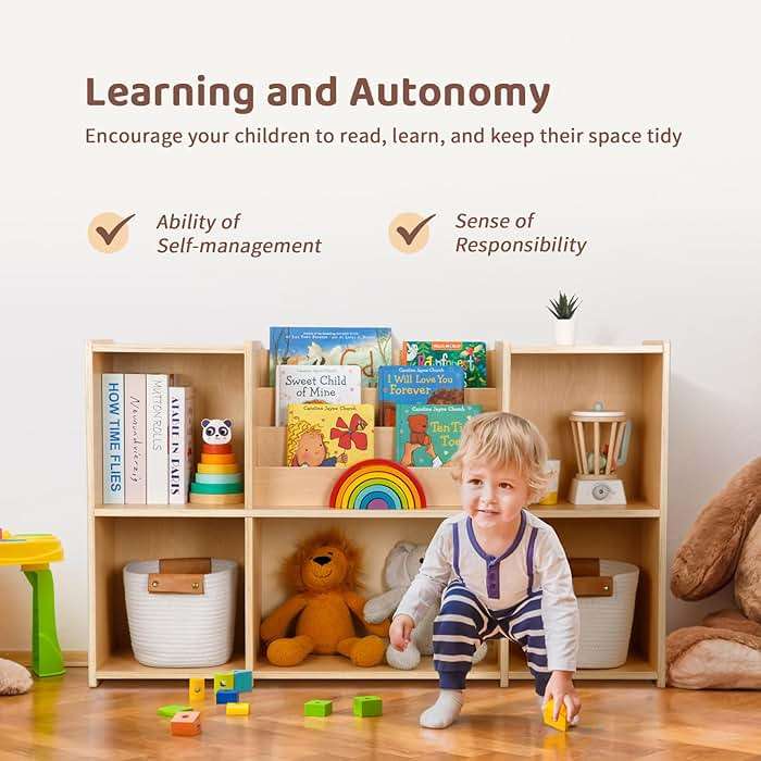 OOOK Montessori Bookshelf and Toy Storage Organizer, 2-Tier Horizontal Bookshelf, 5-Compartment Toy Storage Cabinet with Book Rack, Ideal Choice for Kids Classroom Organizer, Playroom and Daycare - Image 5