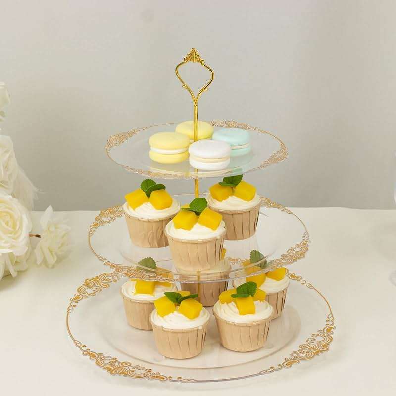 Efavormart 13 Inch 3-Tier Clear & Gold Cupcake Stand, Round Plastic Dessert Display Holder, Tiered Pastry Serving Tray for Parties & Champagne Brunches - Image 1